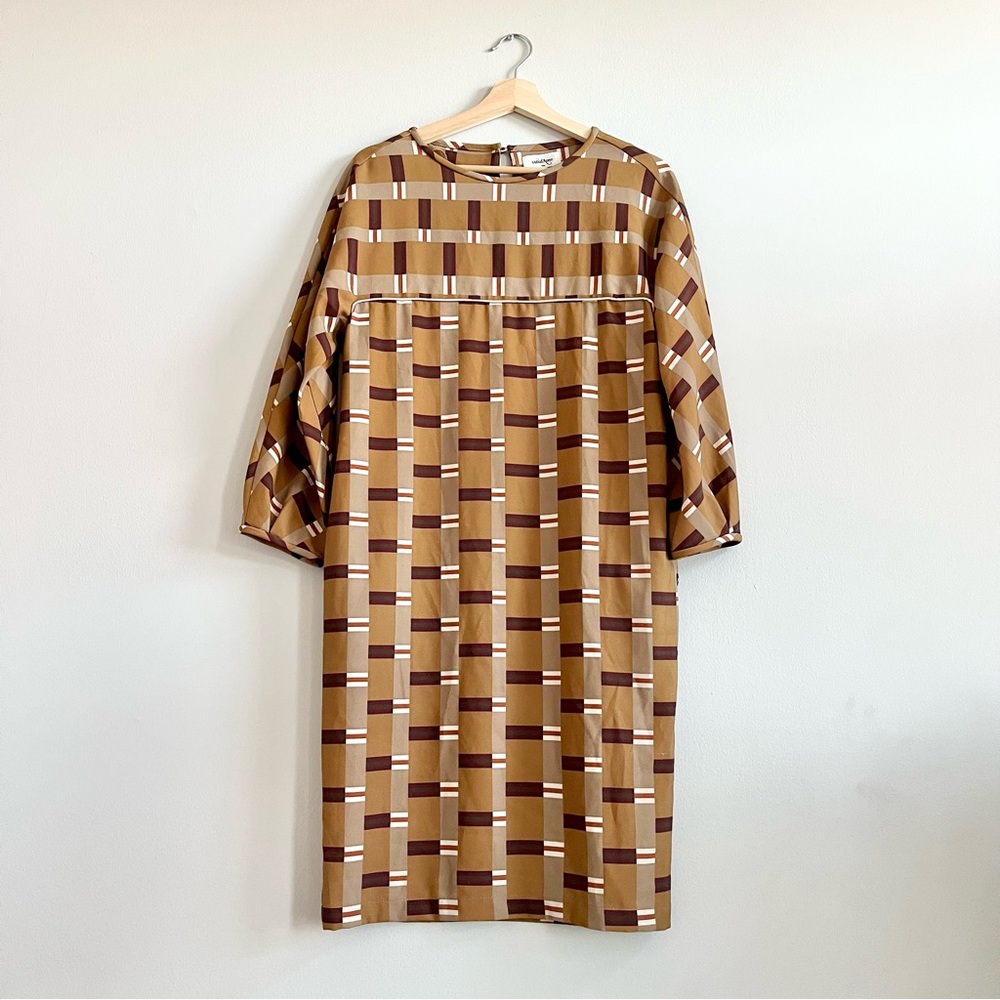 Ottod'ame brown dress w/retro geometric pattern - Picture 2 of 10